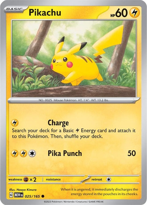 Image of a Pokémon Singles card featuring Pikachu from the 151 series by Pokémon, showcasing Pikachu's artwork and card details.
