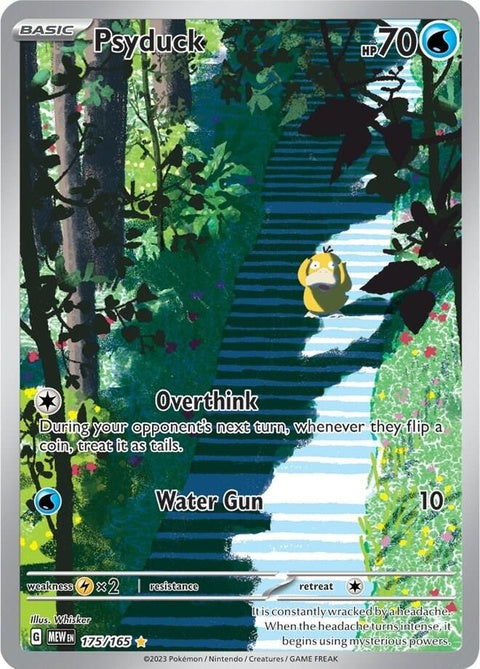 Pokémon Singles card featuring Psyduck, numbered 151, with vibrant artwork and Pokémon branding on the card.