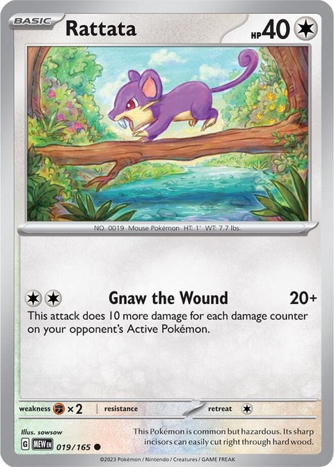 Close-up of Pokémon Rattata card from the 151 series, featuring the character in a dynamic pose with vibrant colors.