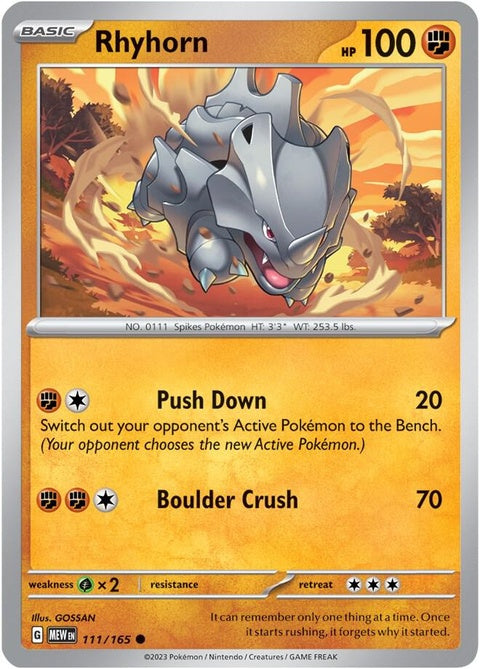 Pokémon Rhyhorn card from the 151 set, featuring Rhyhorn Pokémon in a dynamic stance with vibrant artwork.