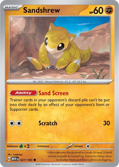 Pokémon Sandshrew single card from the 151 series, featuring detailed artwork of the ground-type Pokémon.