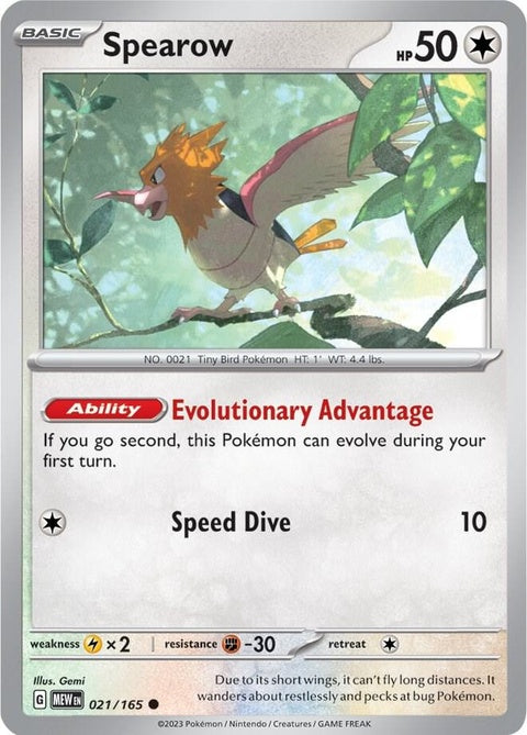 Pokémon Spearow single card from the 151 set, featuring detailed illustration of the bird Pokémon with vibrant colors.