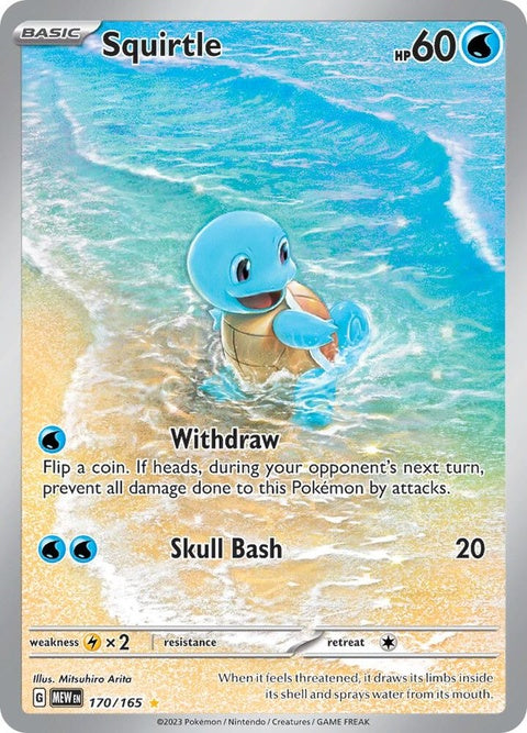 Pokémon Squirtle single card, numbered 151-170, featuring Squirtle in a colorful illustration, from the Pokémon trading card collection.