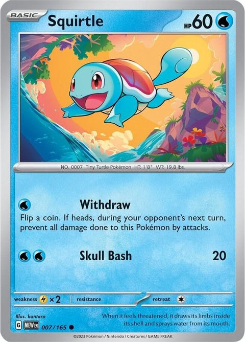 Image of a Pokémon Squirtle figure from the 151 series, showcasing its blue turtle design and detailed features.