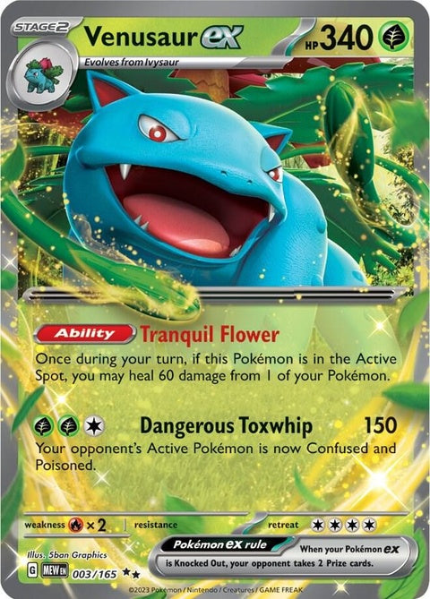 Pokémon Venusaur Ex trading card from the Singles 151 set featuring detailed artwork and vibrant green design.