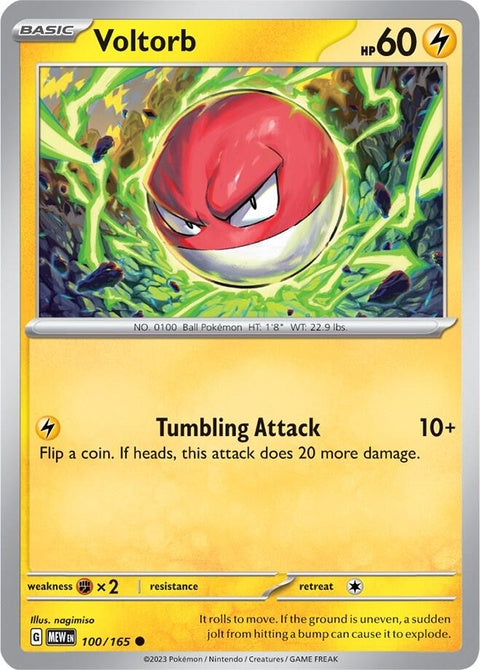 Image of Pokémon Singles 151 Voltorb card, showing a Pokémon with a round, red and white ball appearance and electric type features.