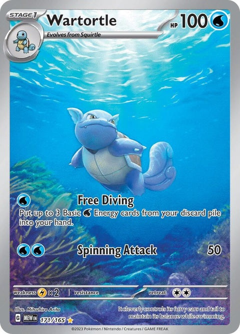 Close-up of Pokémon Wartortle single card from the Pokémon brand, featuring detailed artwork and vibrant colors.