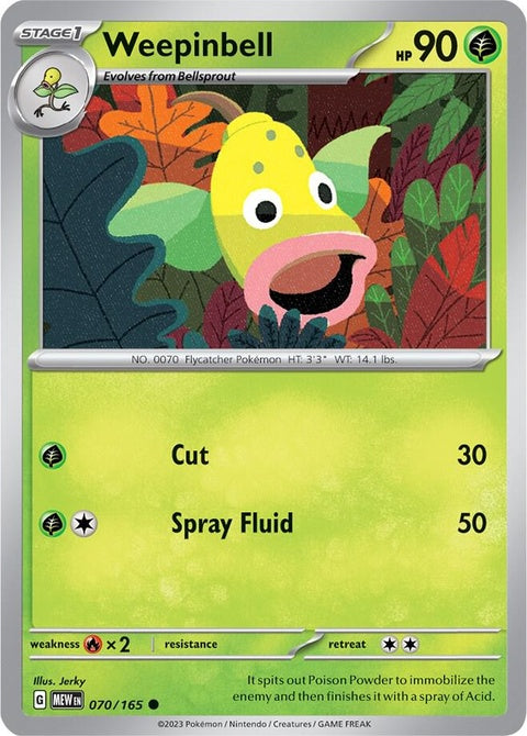 Pokémon Weepinbell 151 single card featuring detailed illustration of the grass and poison-type Pokémon.
