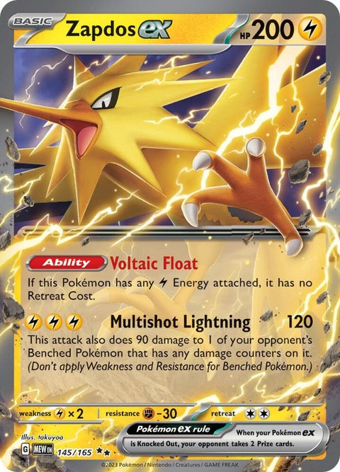 Pokémon Zapdos EX trading card from the 151 series, featuring vibrant artwork and the Pokémon brand logo.