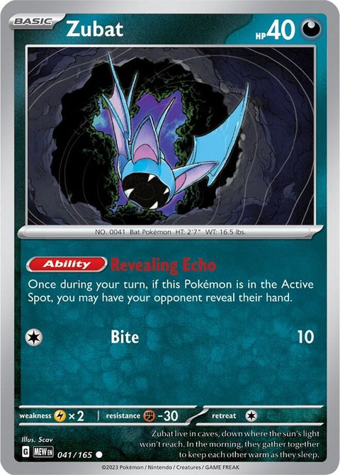 Image of Pokémon Zubat trading card from the 151 Singles series, featuring artwork and details of the flying Pokémon.