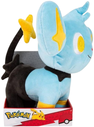 Plush toy of a blue creature with yellow accents in a red and white box, featuring the Pokémon logo.