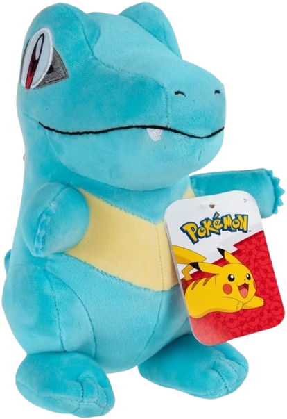 Blue plush toy with a tag featuring Pikachu on a white background