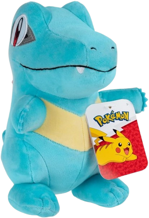 Blue plush toy with a tag featuring Pikachu on a white background