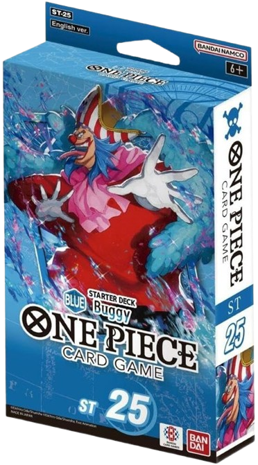 One Piece card game starter deck packaging with character design on blue background