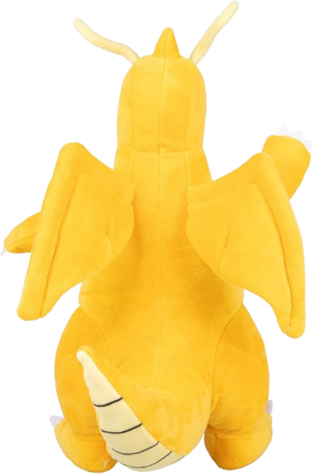 Yellow plush toy with dragon-like design on a white background
