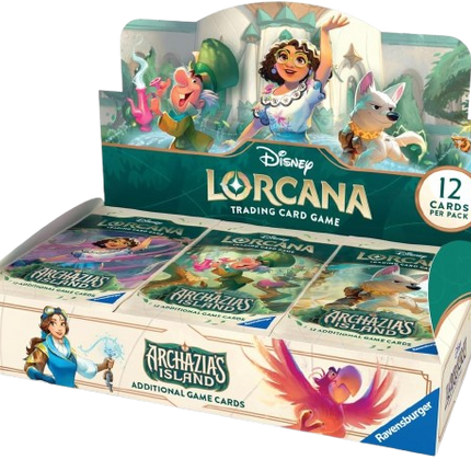 Disney Lorcana trading card game packaging with characters and cards on a white background