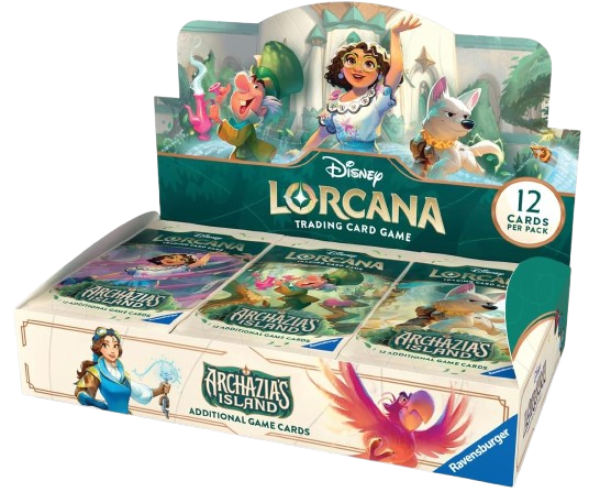 Disney Lorcana trading card game packaging with characters and cards on a white background