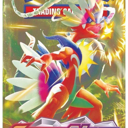 Pokémon trading card game pack featuring a colorful dragon-like creature with 'Scarlet & Violet' branding.