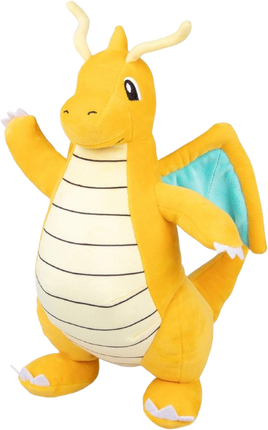 Plush toy of a dragon-like creature with yellow body and white belly on a white background