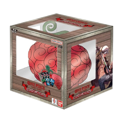 Wooden toy box with red spherical object and character images on a white background
