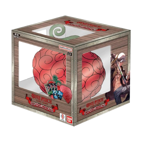 Wooden toy box with red spherical object and character images on a white background