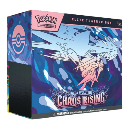 Pokémon Mega Evolution Chaos Rising Elite Trainer Box packaging with Pokémon logo.