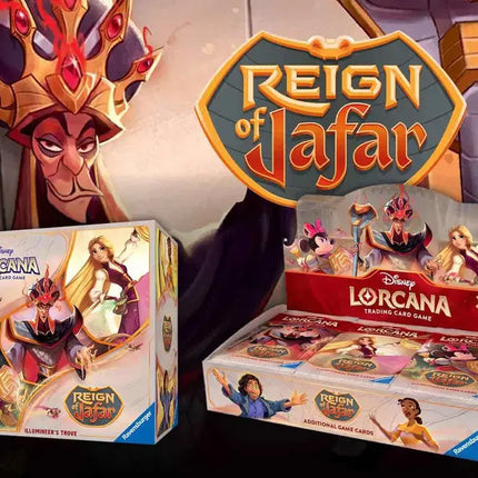 Disney Lorcana 'Reign of Jafar' board game boxes with character illustrations and game logo.