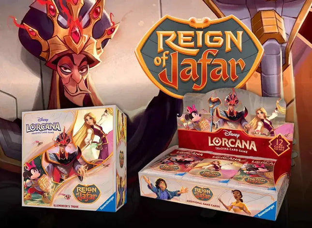 Disney Lorcana 'Reign of Jafar' board game boxes with character illustrations and game logo.