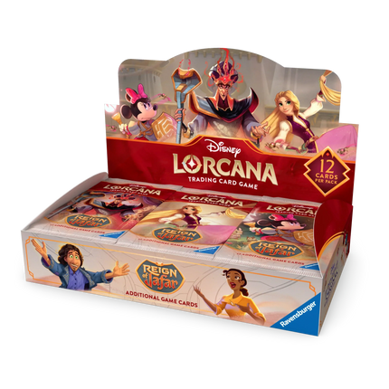 Disney Lorcana trading card game packaging with characters on a white background
