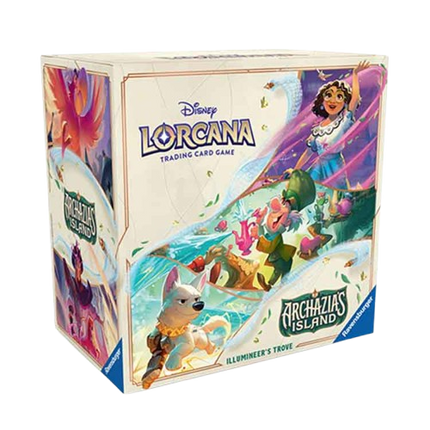Disney Lorcana trading card game box featuring characters from 'Archazia's Island' on a white background.