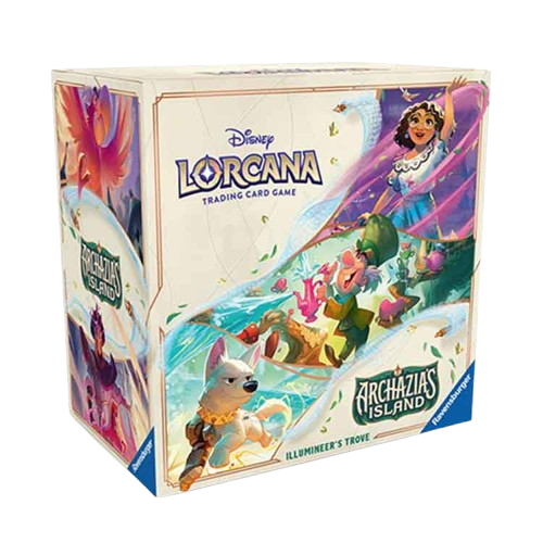Disney Lorcana trading card game box featuring characters from 'Archazia's Island' on a white background.