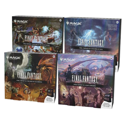 Four 'Final Fantasy' trading card game boxes from 'Magic: The Gathering' on a white background