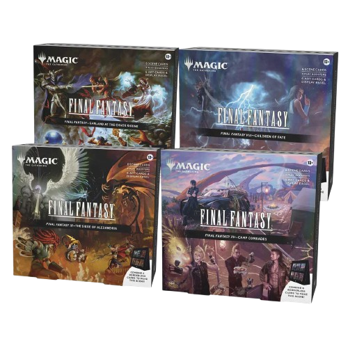 Four 'Final Fantasy' trading card game boxes from 'Magic: The Gathering' on a white background