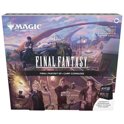 Board game box for 'Final Fantasy XV - Camp Comrades' featuring characters and fantasy elements.