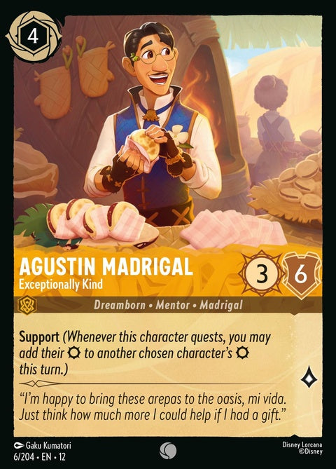 Disney Lorcana Agustin Madrigal single card titled "Exceptionally Kind," featuring vibrant artwork of Agustin Madrigal.