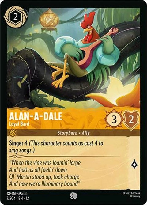 Disney Lorcana Alan-A-Dale Loyal Bard 7 card featuring Alan-A-Dale as a loyal bard in a colorful illustration.