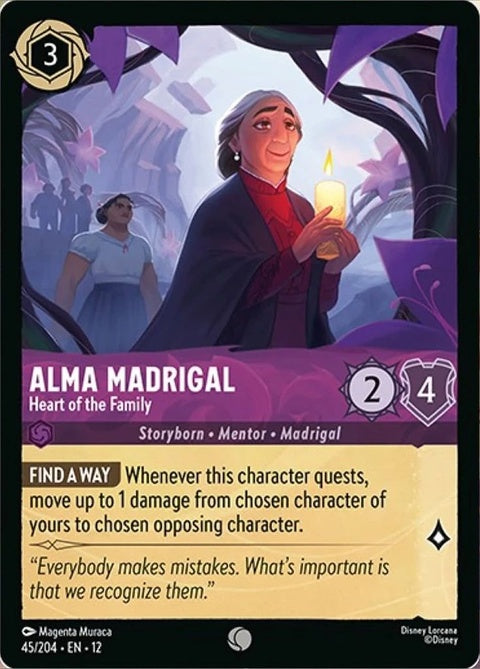Disney Lorcana Alma Madrigal - Heart of the Family singles card featuring Alma Madrigal from Disney's Encanto.