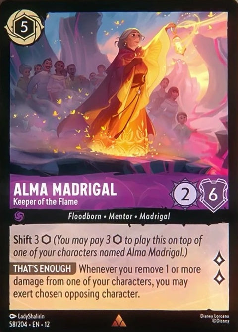 Disney Lorcana Alma Madrigal Keeper Of The Flame singles card with vibrant artwork and detailed character illustration.