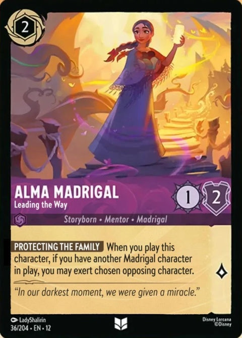 Alma Madrigal from Disney Lorcana singles card titled "Leading The Way," featuring her illustration and game details.
