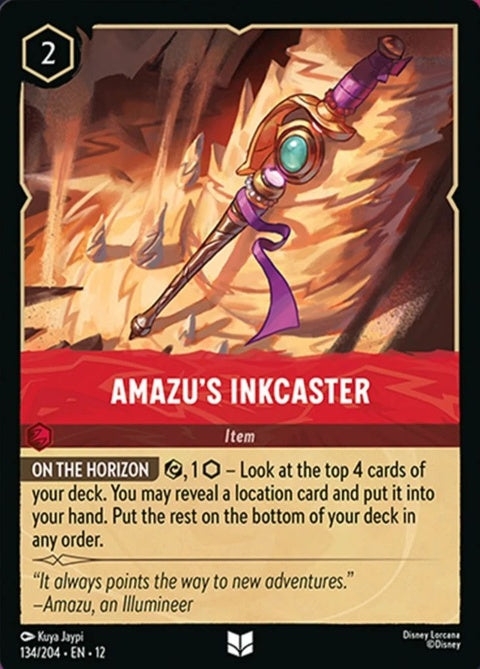 Disney Lorcana Amazu's Inkcaster Singles card featuring detailed artwork of a mystical inkcaster character.