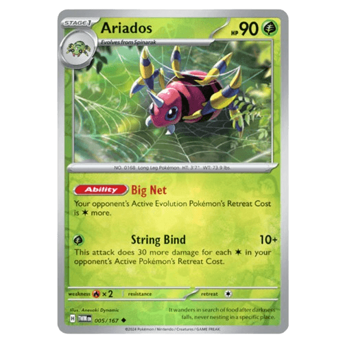 Ariados 005/167 Reverse Holo Pokémon card from Twilight Masquerade set, displayed with vibrant holographic details.