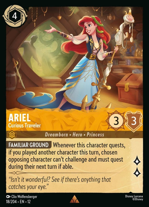 Disney Lorcana Ariel Curious Traveler 18 singles card featuring Ariel in a whimsical design for collectible card games.