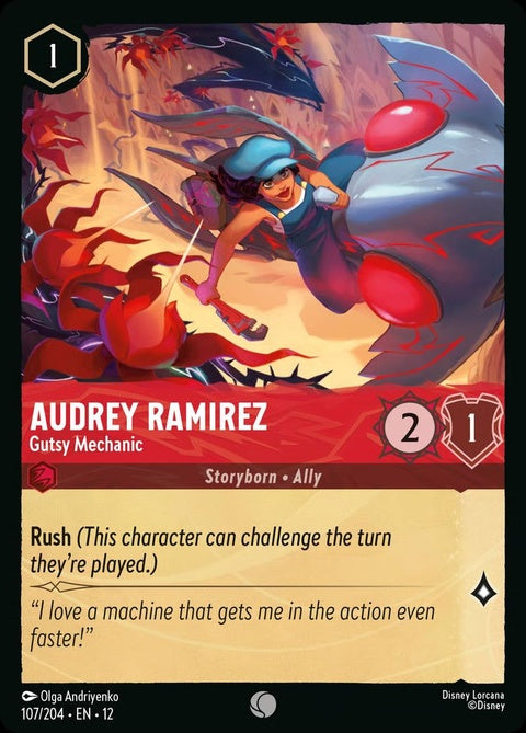 Audrey Ramirez as Gutsy Mechanic from Disney Lorcana singles card, featuring vibrant artwork and character details.