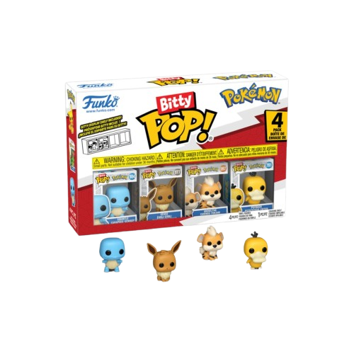 Funko Bitty Pop! packaging with four small figures in front on a white background