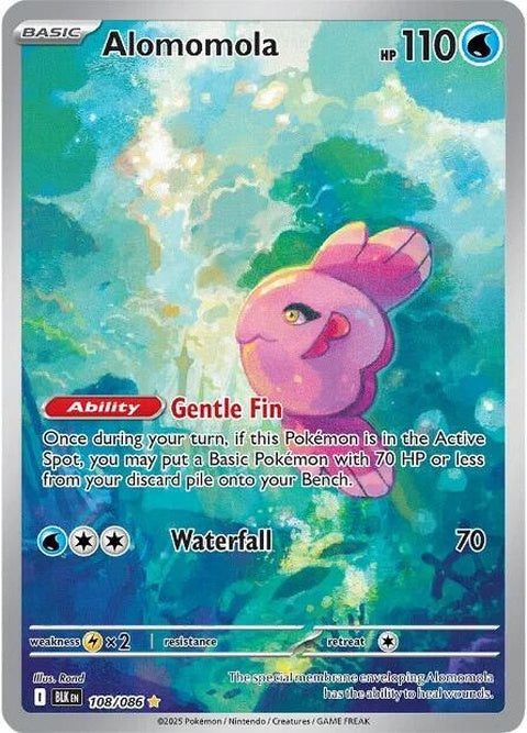 Black Bolt Pokémon card featuring Alomomola, single card from the Pokémon Singles series, with detailed artwork.