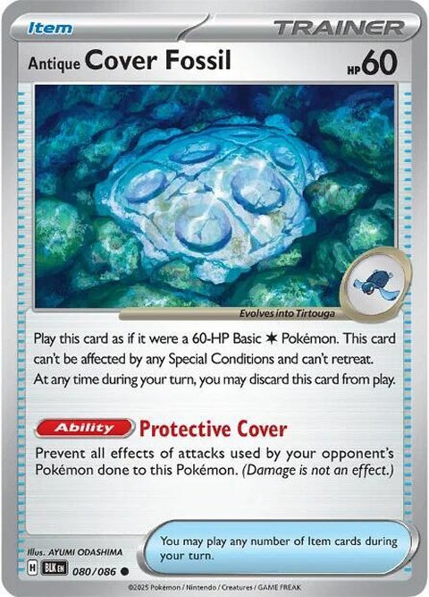 Black Bolt Pokémon single card featuring Antique Cover Fossil, an 80 HP collectible from the Pokémon trading card series.