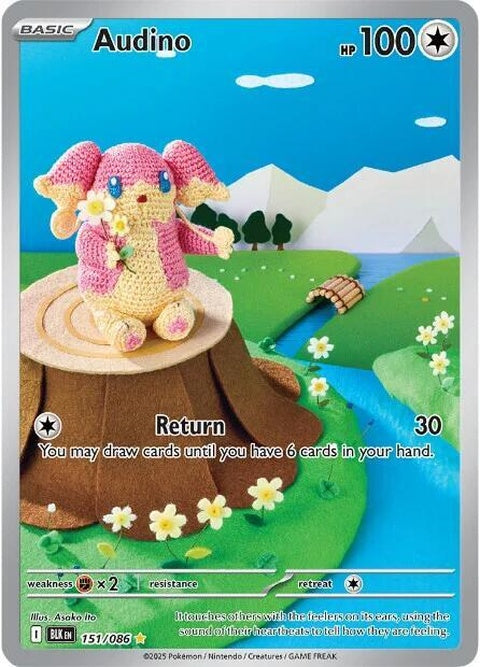 Black Bolt Pokémon card featuring Audino, from the Singles collection, with vibrant artwork and detailed design.