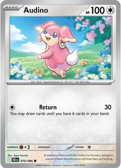 Black Bolt Pokémon card featuring Audino, from the Singles collection, with vibrant artwork and detailed design.