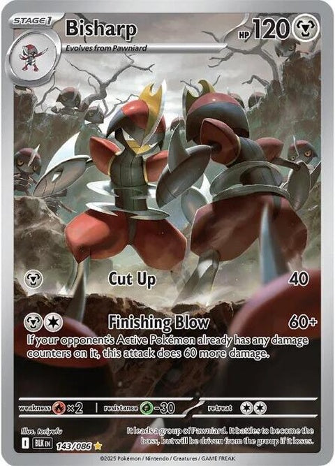 Black Bolt Bisharp Pokémon card featuring a sleek black and silver design with the number 143 on the card.