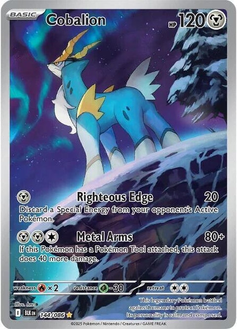 Black Bolt and Cobalion Pokémon trading cards, featuring detailed artwork, from the Pokémon Singles collection.